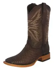 Mens Western Cowboy Boots Brown Leather Woven Square Toe Botas Vaquero Tejida