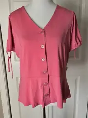 Susan Graver Liquid Knit Button-Front Peplum Top SZ M Pink Bloom NWT