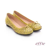 在飛比找momo購物網優惠-【effie】都會舒適 全真皮鏤空金箔蝴蝶結飾平底鞋(黃)