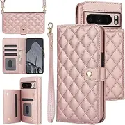 SsHhUu Crossbody Wallet Case for Google Pixel 8 Pro 2023,with Wrist Strap Shockproof PU Leather RFID Blocking Card Holder Double Magnetic Clasp Flip Kickstand Cover for Women Men,Rosegold