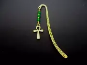 A GOLD COLOUR GREEN JADE BEAD ANKH CROSS CHARM BOOKMARK. NEW.