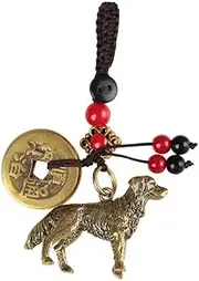 [Generic] Feng Shui Golden Retriever Dog Charm with Lucky Coin and Red Beads, Traditional Chinese Good Luck Keychain