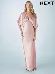 Dusky Pink Bridesmaid Satin Flutter Sleeve Maxi Dress (AG5327) | $150