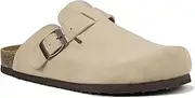 [EMMA NEW YORK] Women's Suede Clogs Slip-On Buckle Slides Leather Mules Cork Footbed Sandals Potato Shoes with Arch Support