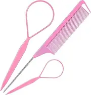 TsMADDTs Hair Styling Tool Set - 3 Pcs French Braid Tool, Rat Tail Comb, and Metal Braiding Pin in Pink