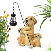 Garden Dog Statues Outdoor Decor - Solar Lights Dog Figurines - Lantern Yard Three Dogs Ornament, Solar Lights Resin Puppy Statue for Patio, Garden, Lawn