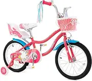 [Honey Joy] 16" Kids Bicycle w/ 2 Training Wheels, Kids Bike with Doll Seat, Basket, Colorful Streamers, Adjustable Seat & Handlebar, Children Bicycle Suitable for 4-7 Years Old Kids, Pink