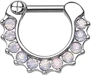 [PiercedOff] 316L Surgical Steel Septum Clicker Ring with 11 Paved Opalites - Thickness 1.2mm Length 6mm