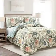 [Lush Decor] Sydney Reversible 100% Cotton Duvet Cover Set - Charming & Colorful Floral Leaf Design - 3 Piece Botanical Bedding Set with Shams - King, Green & Blue