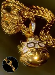 New Famous Cat Cartoon Ice Pendant Necklace 14k Gold Finish Out Rope Gold Chain