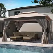 LAUSAINT HOME Outdoor Patio Gazebo 10'x13' with Expansion Bolts, Heavy Duty Gazebos Shelter Party Tent with Double Roofs, Mosquito Nets and Privacy Screens for Backyard, Garden, Lawn, Champagne Khaki