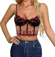 [Generic] Women's Floral Lace Corset Top Spaghetti Strap Slim Crop Tops Sheer Mesh Push Up Bustier Party Cami Tops