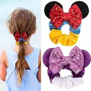 2Pcs Red and Purple Sparkle Sequins Mouse Ear Hair Scrunchies for Women Girls Kids, Velvet Hair Ties Elastic Bows for Ponytail Hair Decoration, Cosplay Costume Accessories