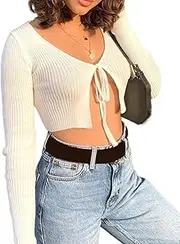 [xxxiticat] Women's Front Tie Up Crop Top Shirt Long Sleeve Lace Up Knitted Open Cardigan V Neck Bolero Cropped Basic Tees