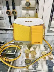 Michael Kors Jet Set MD Dome Crossbody+Card Case Wallet Set -Daisy Yellow Multi