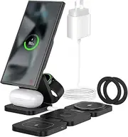 [KU XIU] X55 Ultra 3-in-1 Foldable Magnetic Wireless Charger for Samsung Galaxy S24 S23 S22 Note 20 Z Fold Flip 6 5, Galaxy Watch Ultra 7 6 5, Galaxy Buds - Black