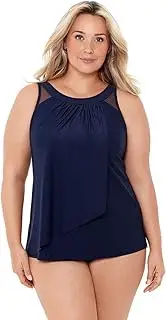 [Miraclesuit] Women's Plus Size Swimwear Illusionist Ursula High Neckline Mesh Insert Underwire Bra Tankini Bathing Suit Top