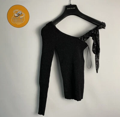 River Island Sequin Bow Strap Glitter Knitted Tight Fit Top Black UK Size 8