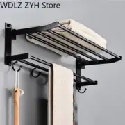 Holder Wall Mounted Black Aluminum Hanger Adjustable Fold Clothes Rack with Hook