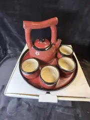 Pier 1 Shanghai Tea Set Red 7 pc. Teapot Cups Tray Beautiful Earthenware
