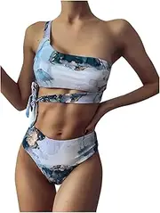 [Generic] High Push Waist Piece Striped Women Halter Swimsuit Hight Two Cut Bikini Up Set Swimwears Tankinis Set Ladies Swim Wear