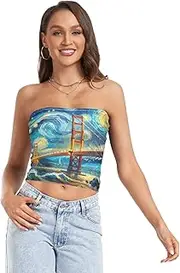 [RPLIFE] Golden Gate Bridge Starry Night Women's Tube Top, Strapless Top for Women Summer, Sheer Tube Tops, Trendy Crop Tops (S)
