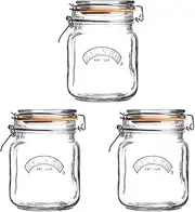Kilner Square Clip Top Jar Set of 3, 1 Litre (1000ml) Airtight Glass Jars for Storing Coffee Beans Pickling Vegetables Chutneys Pasta Nuts BPA-Free Dishwasher Safe