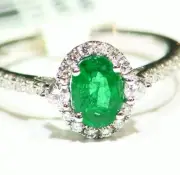 1.09CT 18K Gold Natural Emerald White Cut Diamond Vintage Halo Engagement Ring