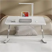 Exquisite Folding Laptop Desk Bed Table Tray with Adjustable Angle and Height Small Portable Desk with Desk Lamp Gray White Card Slot Type