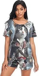 [RPLIFE] Cool Cat Woman Pajama Set, Womens Matching Lounge Short Set, Cool Cat, Medium