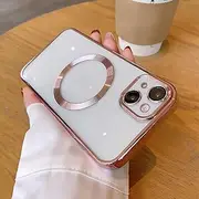 Uioeua Compatible with iPhone 12 Mini Magnetic Clear Case,Luxury Plating Bling Transparent Shockproof MagSafe Case with Full Camera Lens Protector for iPhone 12 Mini Women Girl Men-Pink