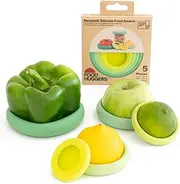 Food Huggers 5pc Reusable Silicone Food Savers | BPA Free & Dishwasher Safe | Fruit & Vegetable Produce Storage for Onion, Tomato, Lemon, Banana, Cans & More | Round, Sage Green