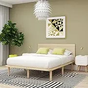 Natural Solid Wood Bed Frame Bed Base with Headboard - Queen