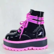 Slacker 52 Neon Pink Black Patent Platform Combat Ankle Boots Punk Rave Festival