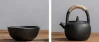 在飛比找Yahoo!奇摩拍賣優惠-日式 粗陶黑色提樑壺 一壺二杯套裝簡約和風麻繩茶壺泡茶壺 手