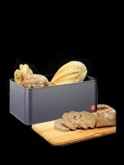 Bread Bin & Bamboo Chopping Board Lid Large Metal Countertop Storage Container
