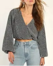 New Lulu’s Sparkling Inclination Silver Lurex Plisse Sequin Top Size XL Black