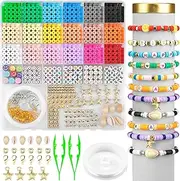 [Meschett] 4000PCS Clay Beads for Bracelet Making Kit, with Elastic String and tweezers, Including Soft Ceramic Chips Alphabet Letter Beads Smiley Face Beads and Flat Beads,Jewelry Making Kit Crafts for Teen Girls