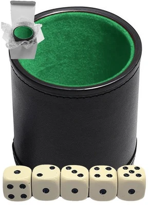 (5) 16mm Ivory Dice Black Pips + PU Leather Dice Cup Green Felt Lined Sealed Box