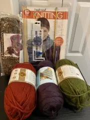 I Taught Myself to Knit Kit w 4 Yarn Bundle Olive Red Purple Brown Lion Soft New