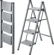 XinSunho 4 Step Ladder, Folding Stool with Anti-Slip Wide 4-Step, Gray