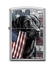 Zippo 8863, Buck Wear, Black Labrador & Flag Design, Street Chrome Lighter, NEW