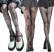 [Seasboes] Halloween Fishnet Tights, Black, Spider Web Tights, Day of The Dead Tights, Skeleton Tights Women, Halloween Costume Accessories, Day of The Dead Festival, Carnival Stockings (3 Pairs)