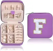 [Dulzod] Travel Jewelry Case Organizer with Initial Travel Jewelry Box Cute Little Girls Jewelry Travel Organizer Small for Women Little Girls Teen Personalized Gifts for Rings Necklace Earrings Purple F