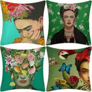4pcs Oil Painting Frida Kahlo Self Portrait Cotton Linen Throw Pillow Case Car,Cushion Couch,Couch,Bedspread 18"x18"