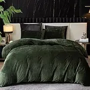Ivellow Velvet Duvet Cover Queen Set Dark Green Comforter Cover 3Pcs Ultra Soft Cover Breathable Solid Luxury Flannel Velour Duvet Cover Zipper Closure Corner Tie