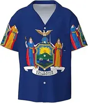 [HVTTIOR] New York Flag Print Short Sleeve Shirt Cuban Collar Beach Casual Style Summer Vacation Relaxed Fit