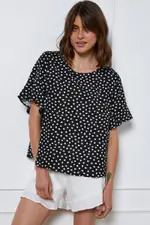 Geo Print Top Short Sleeve Linen - Size 14, Women's Top