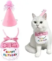 Dog Birthday Hat cat pet Supplies Scarf Set for Small Dogs and Cats, Cat Birthday Bandana Cute Dog Hat Pets Party Supplies Decorations Outfit for Cat and Dog (Pink A)