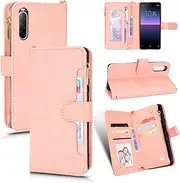 [YJZSKRXFAK] Magnetic Zipper Wallet Leather Case with Lanyard for Sony Xperia 10 II Cash Pocket with 6-8 Card Slots Holder Wrist Strap Cover for Sony Xperia 10 II Pink